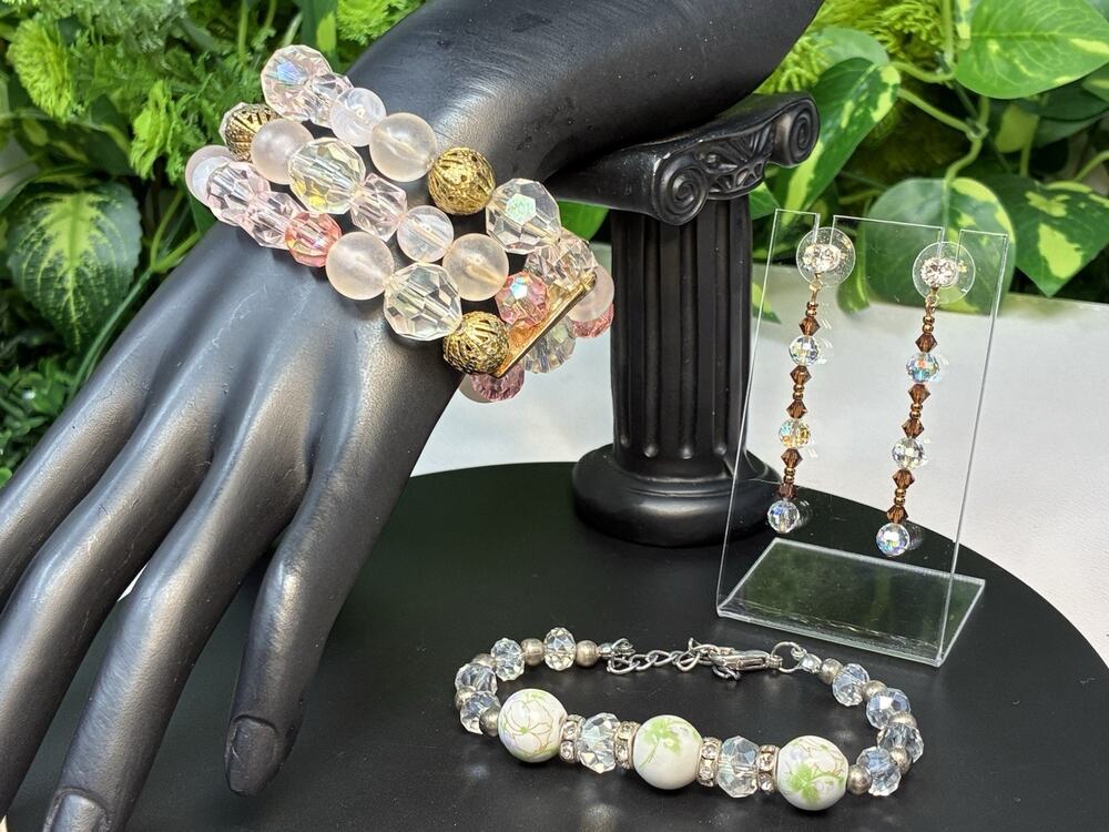 AB Glass Bead Jewelry Lot 4pc Necklace Bracelets Earrings Faceted Clear Amber